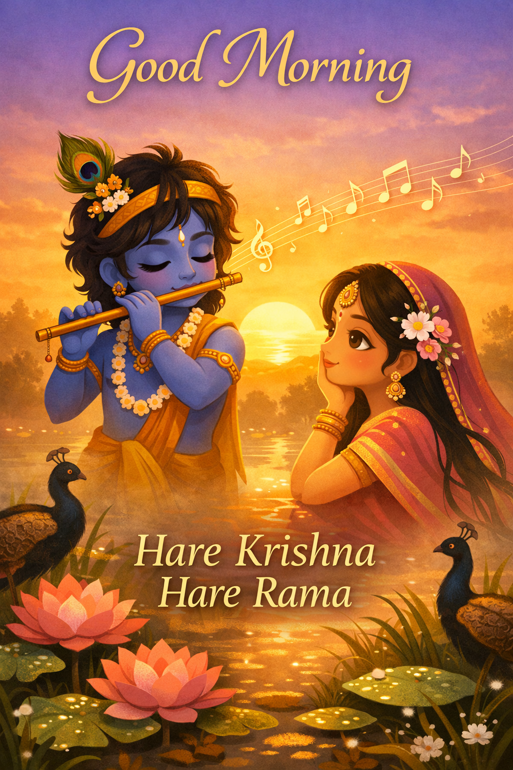Good Morning Krishna playing flute by lotus pond with Radha listening and morning greeting text